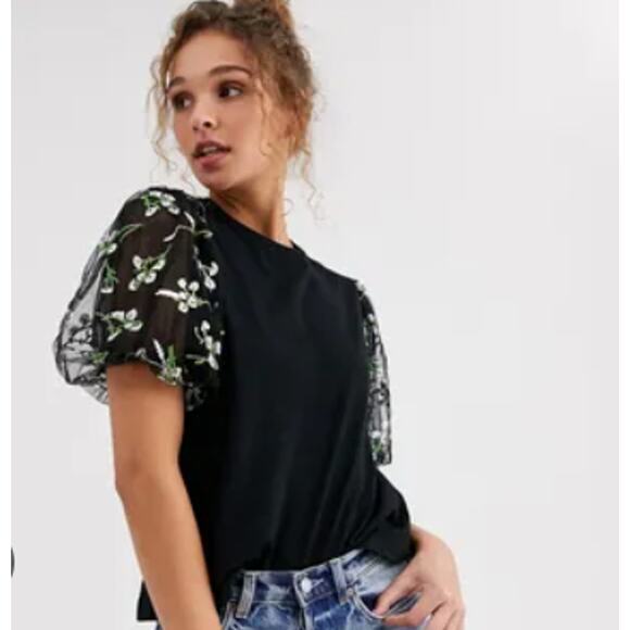ASOS Tops - ASOS Black Blouse with Sheer Floral Embroidered Sleeves Sz 14 (L)